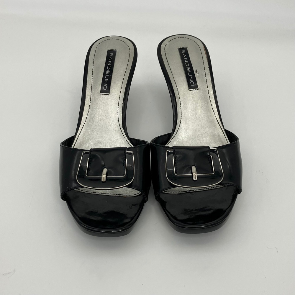 Bandolino Heeled Sandals Women 7.5 Black Patent Buckle Slide Dress Shoes Classic - Picture 2 of 11